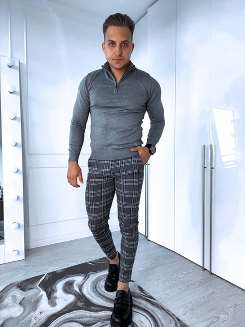 Dzeltena rūtojuma, elastīgas vīriešu bikses - pelēkas