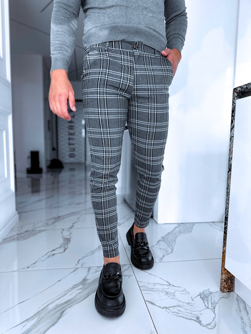 Dzeltena rūtojuma, elastīgas vīriešu bikses - pelēkas