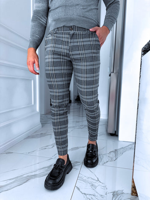 Dzeltena rūtojuma, elastīgas vīriešu bikses - pelēkas