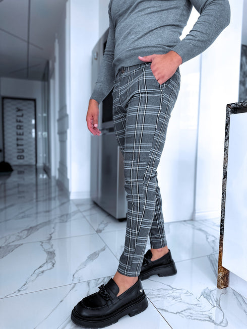 Dzeltena rūtojuma, elastīgas vīriešu bikses - pelēkas