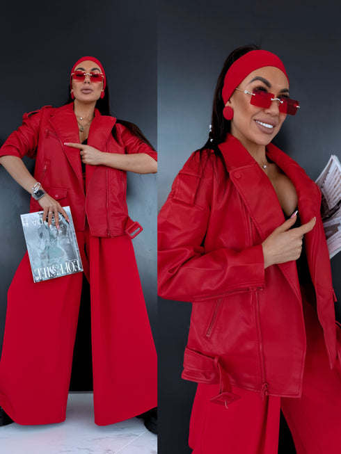 Oversize, faux leather jacket with belt PU28 - red