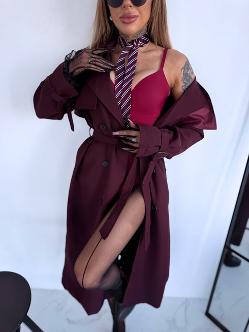 "PARIS CHIC 8017" long trench coat - BURGUNDY