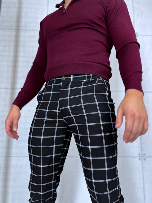 Vīriešu bikses ar smalko rūtojumu - melnas ar baltu 65-3
