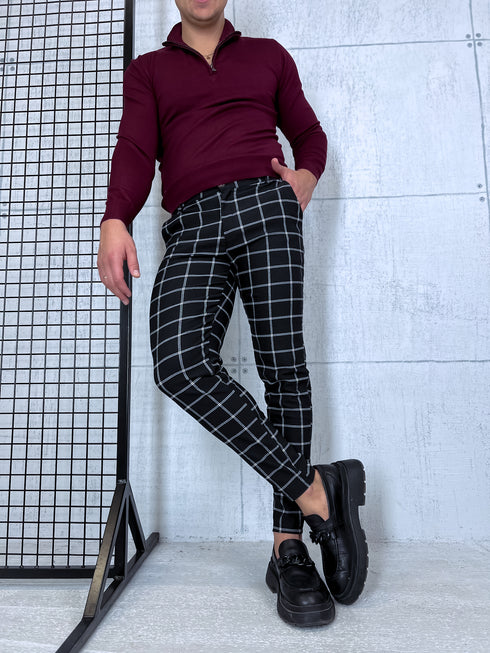 Vīriešu bikses ar smalko rūtojumu - melnas ar baltu 65-3