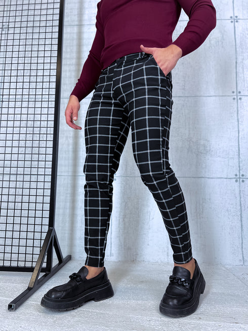 Vīriešu bikses ar smalko rūtojumu - melnas ar baltu 65-3