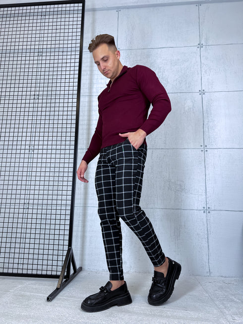 Vīriešu bikses ar smalko rūtojumu - melnas ar baltu 65-3