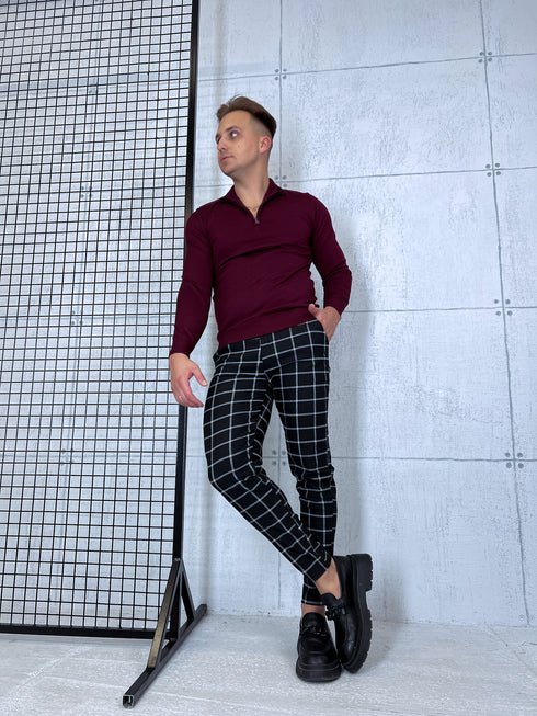 Vīriešu bikses ar smalko rūtojumu - melnas ar baltu 65-3