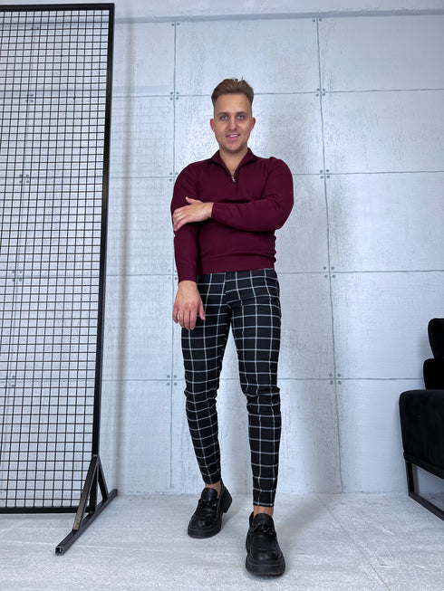 Vīriešu bikses ar smalko rūtojumu - melnas ar baltu 65-3