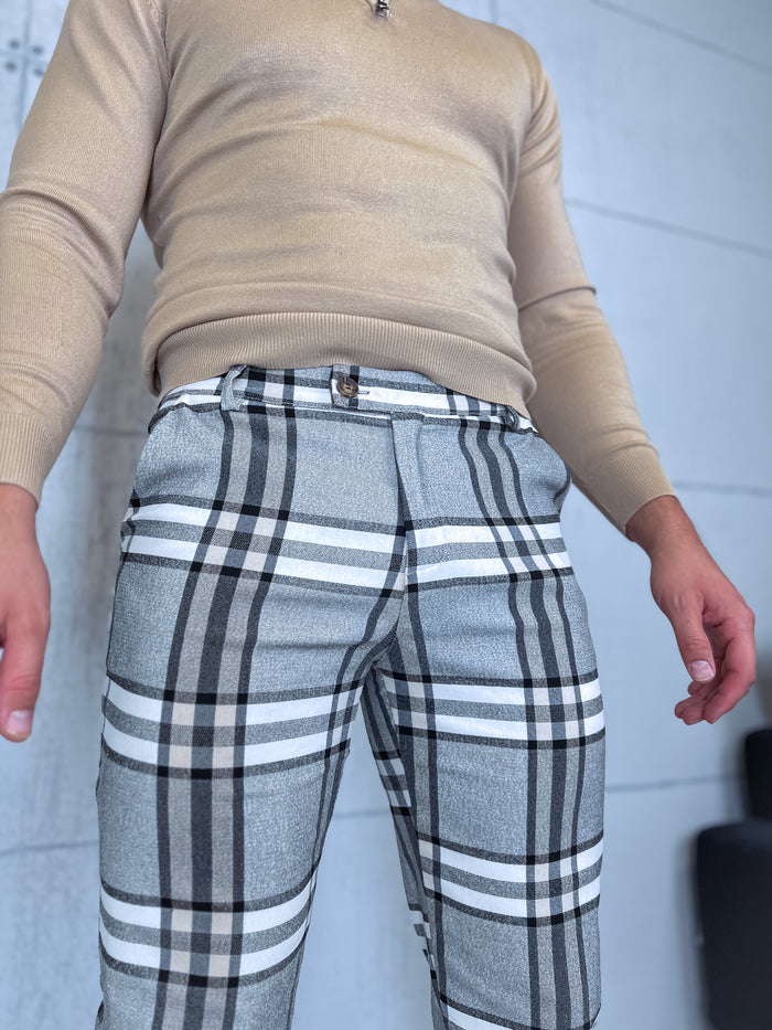 Checked men's pants - gray with beige lines