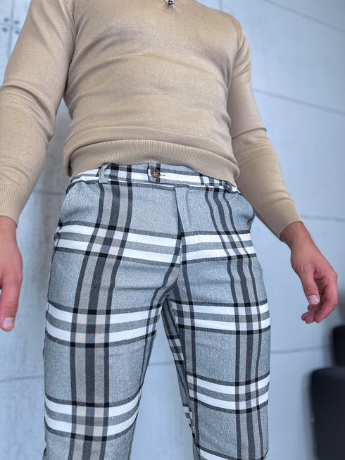 Rūtotas vīriešu bikses - pelēkas ar bēšām līnijām