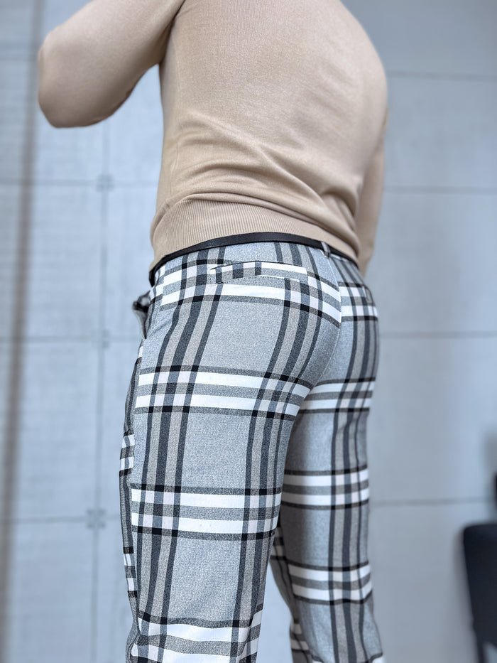 Checked men's pants - gray with beige lines