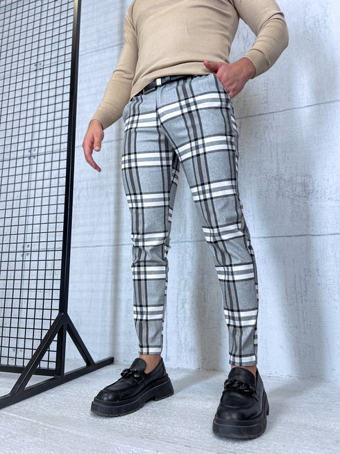 Rūtotas vīriešu bikses - pelēkas ar bēšām līnijām