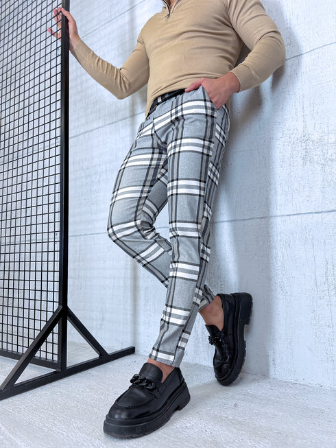 Rūtotas vīriešu bikses - pelēkas ar bēšām līnijām