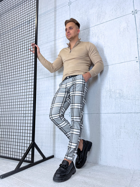 Rūtotas vīriešu bikses - pelēkas ar bēšām līnijām