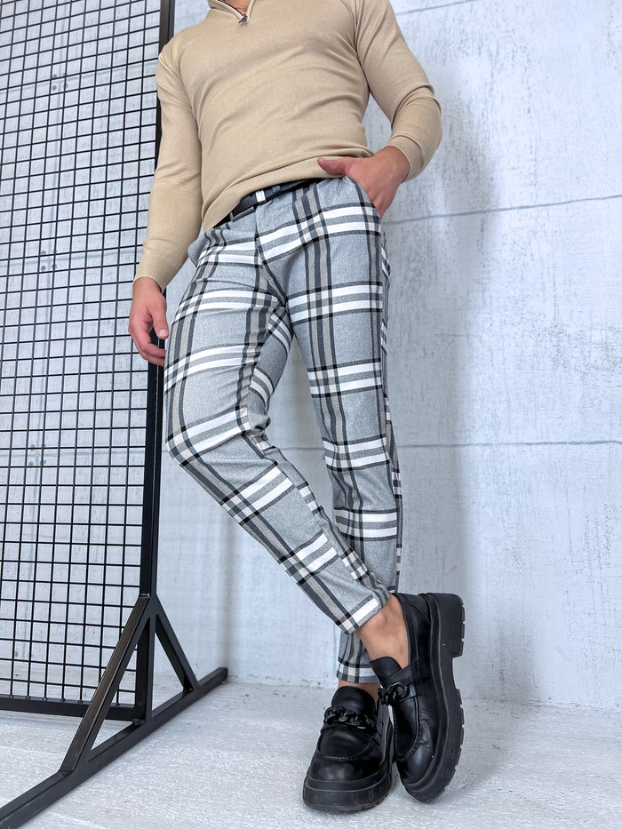 Checked men's pants - gray with beige lines