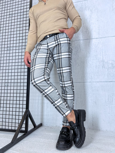 Rūtotas vīriešu bikses - pelēkas ar bēšām līnijām