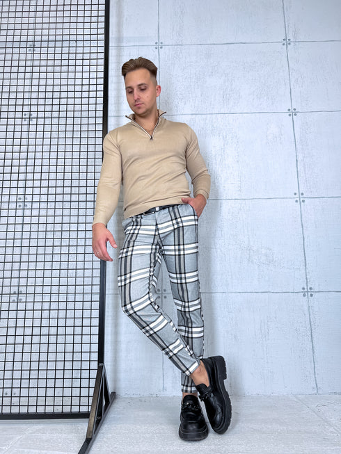 Rūtotas vīriešu bikses - pelēkas ar bēšām līnijām