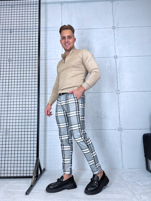 Rūtotas vīriešu bikses - pelēkas ar bēšām līnijām