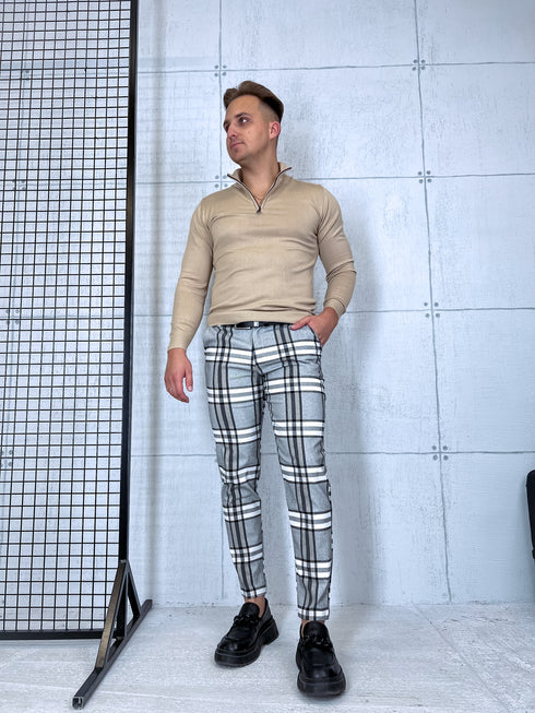 Rūtotas vīriešu bikses - pelēkas ar bēšām līnijām