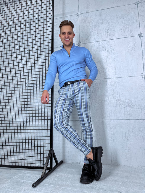 Men's checkered pants - gray with blue lines 17-2