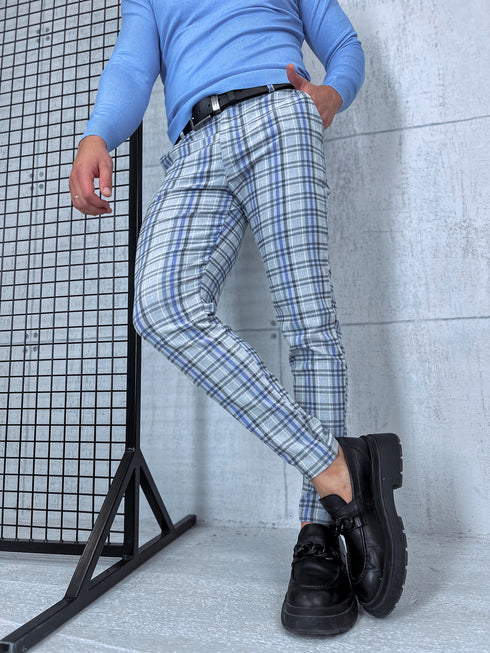 Men's checkered pants - gray with blue lines 17-2