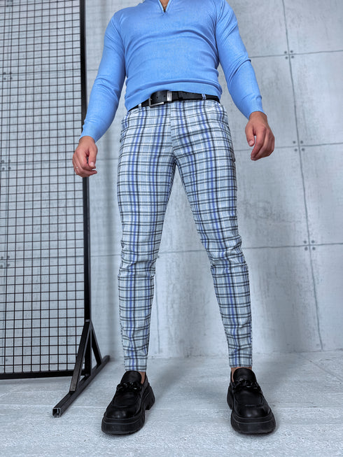 Men's checkered pants - gray with blue lines 17-2