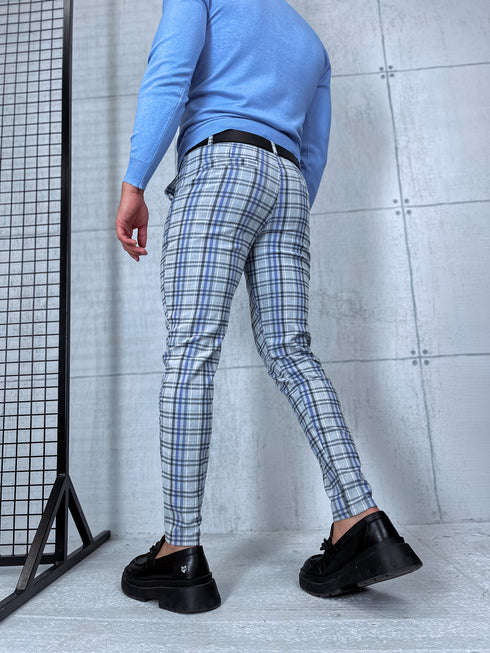 Men's checkered pants - gray with blue lines 17-2