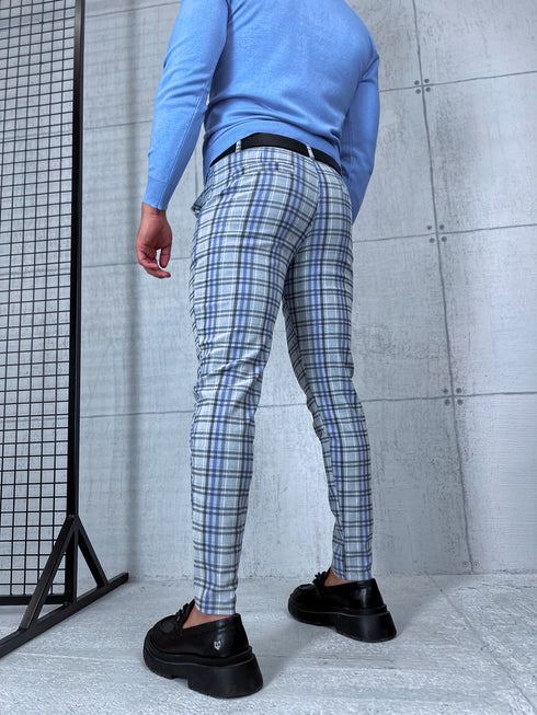 Men's checkered pants - gray with blue lines 17-2