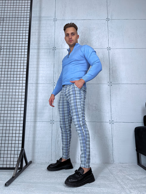 Men's checkered pants - gray with blue lines 17-2
