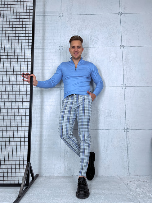 Men's checkered pants - gray with blue lines 17-2