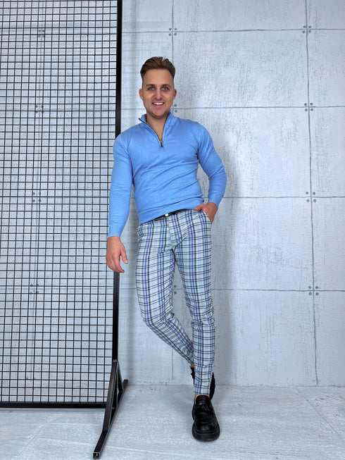 Men's checkered pants - gray with blue lines 17-2