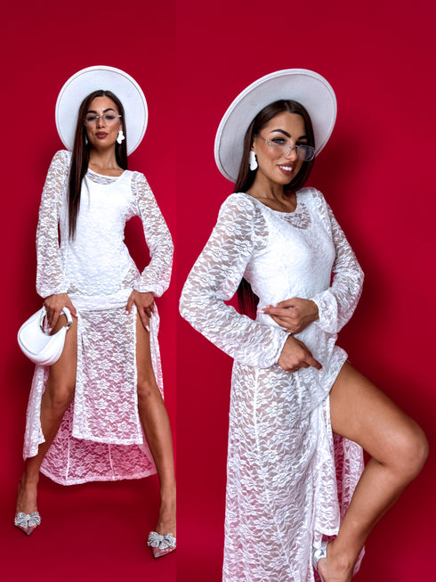 Long, floral pattern mesh dress + bodysuit R4676 - WHITE