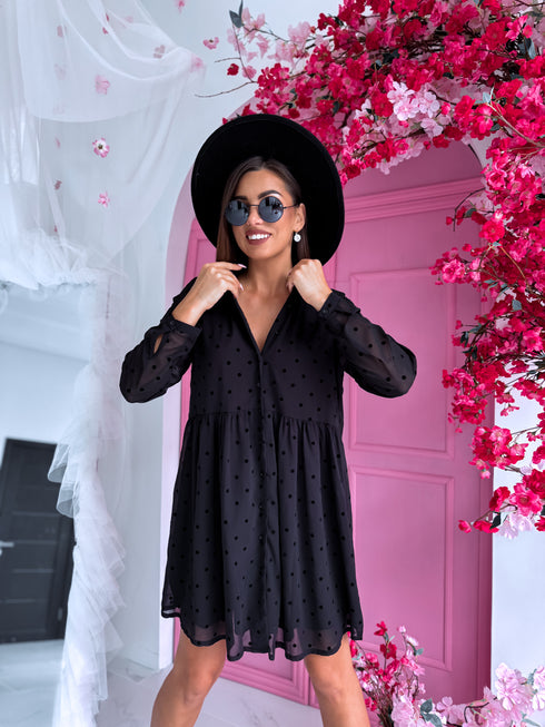 Платье "ALMOND DX16145" - черное, в горошек