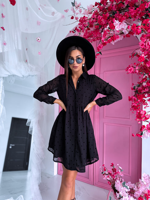 Платье "ALMOND DX16145" - черное, в горошек