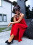 Free, long dress with crossed straps - red