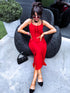 Free, long dress with crossed straps - red