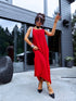 Free, long dress with crossed straps - red