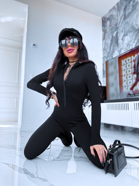 Black, stretchy jumpsuit with front zipper