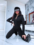 Black, stretchy jumpsuit with front zipper