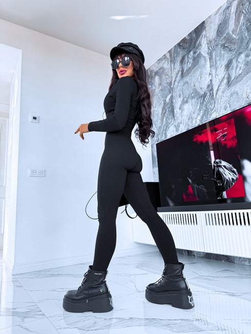 Black, stretchy jumpsuit with front zipper