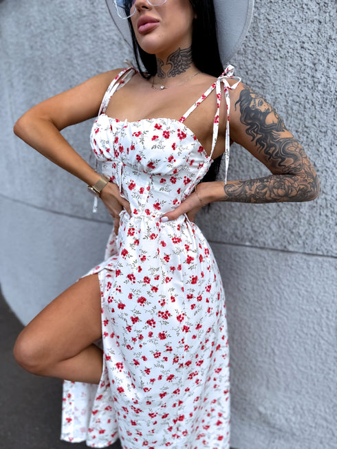 Corset dress with buttons "SMALKAIS ZIEDS" - cream white with red