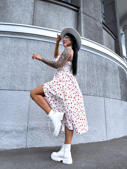 Corset dress with buttons "SMALKAIS ZIEDS" - cream white with red