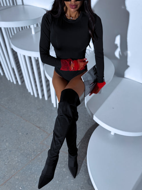 Bodijs ar garām piedurknēm "BASIC" - MELNS