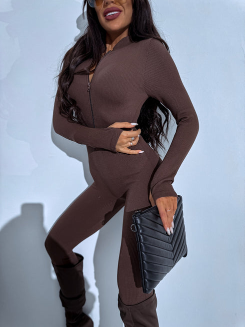 Chocolate brown, stretchy jumpsuit with front zipper