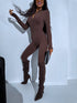 Chocolate brown, stretchy jumpsuit with front zipper