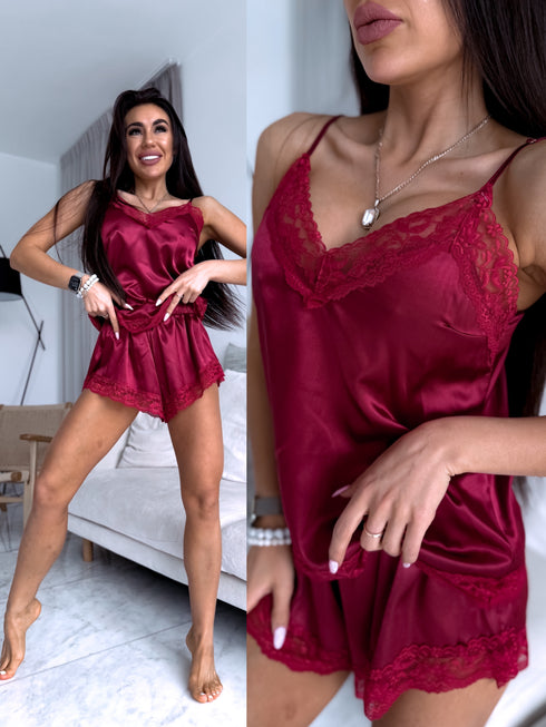 Bordo, satīna nakts komplekts - tops + šorti