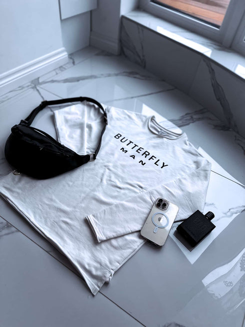 BUTTERFLY MAN, medvilninis plonas megztinis - BALTAS