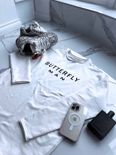 BUTTERFLY MAN, medvilninis plonas megztinis - BALTAS