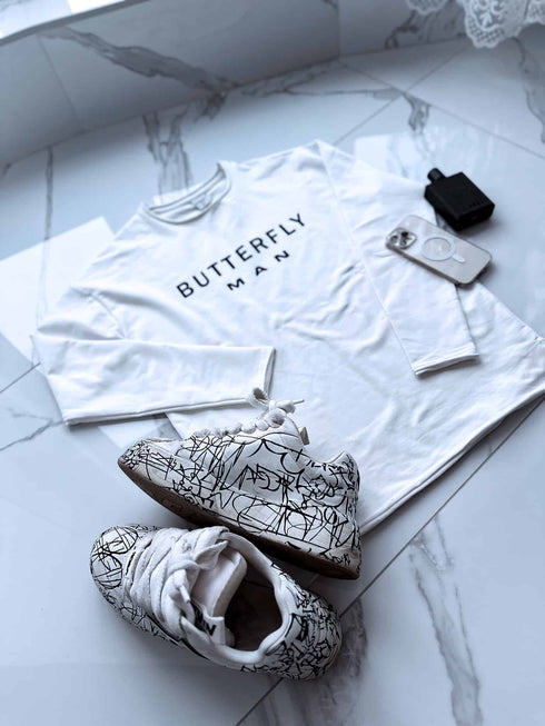 BUTTERFLY MAN, medvilninis plonas megztinis - BALTAS