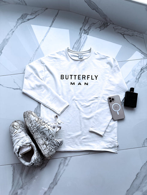 BUTTERFLY MAN, medvilninis plonas megztinis - BALTAS